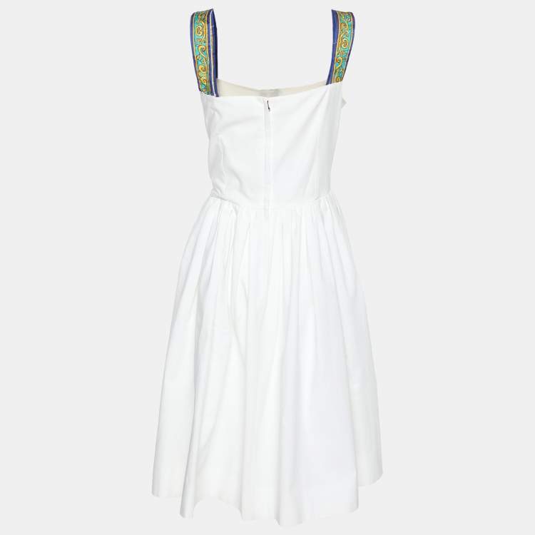 Pre Owned Dolce & Gabbana White Cotton Contrast Detail Sleeveless Midi Dress L