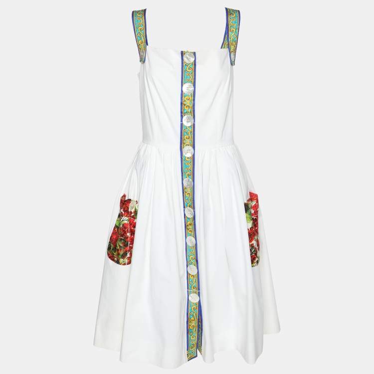 Pre Owned Dolce & Gabbana White Cotton Contrast Detail Sleeveless Midi Dress L