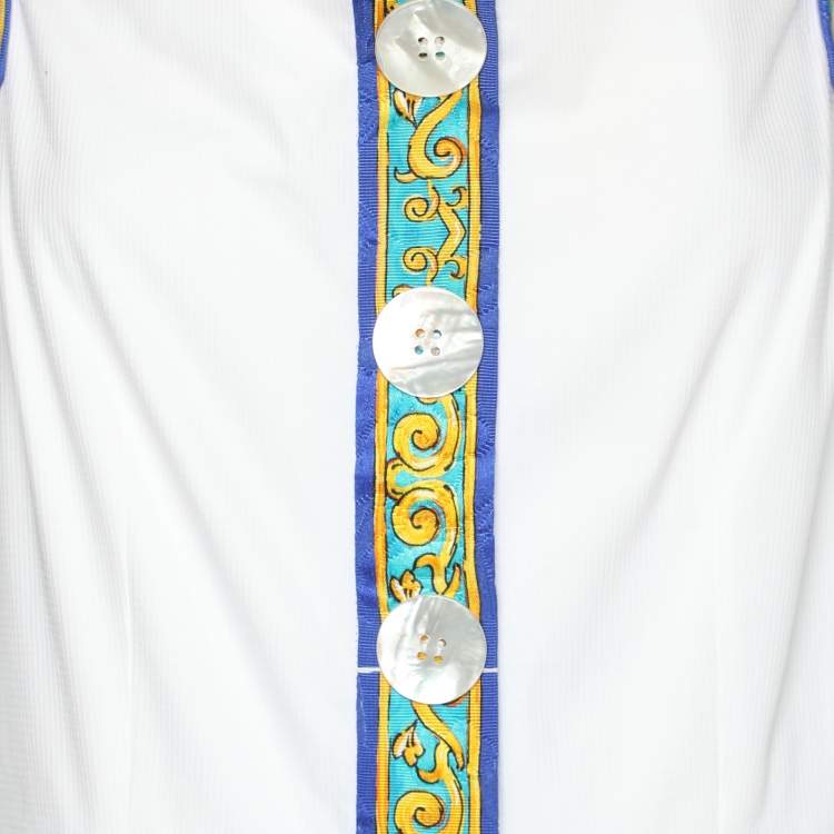 Pre Owned Dolce & Gabbana White Cotton Contrast Detail Sleeveless Midi Dress L