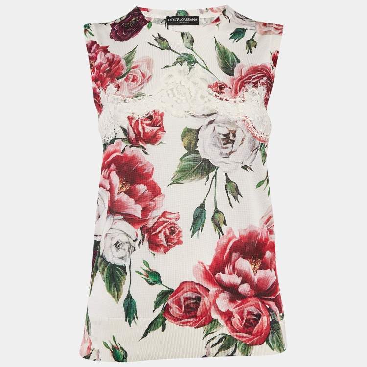 Pre Owned Dolce & Gabbana White Floral Print Silk Knit Lace Trimmed Sleeveless Top S