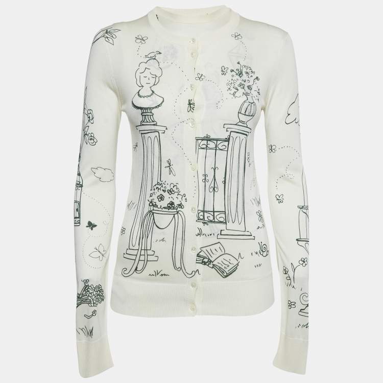 Pre Owned Dolce & Gabbana Off-White Bird Cage Print Silk Knit Top and Cardigan Set S