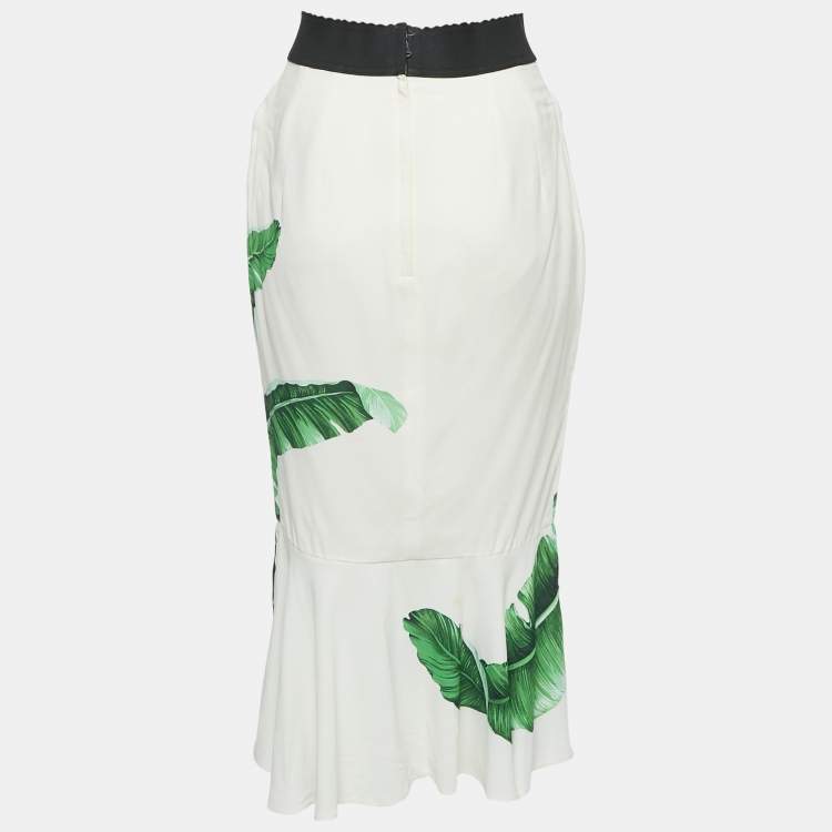 Pre Owned Dolce & Gabbana White Banana Leaf Print Crepe Flared Hem Midi Skirt S