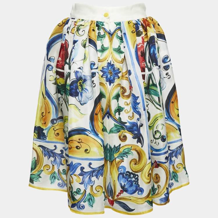 Pre Owned Dolce & Gabbana Yellow/Blue Majolica Print Silk Gathered Short Skirt S