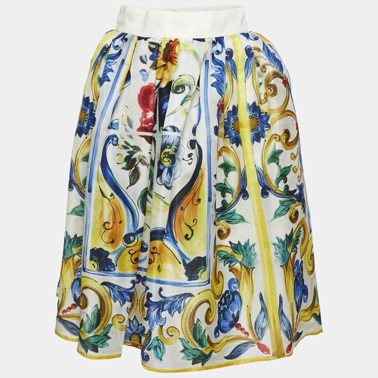 Pre Owned Dolce & Gabbana Yellow/Blue Majolica Print Silk Gathered Short Skirt S