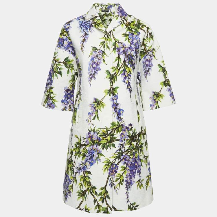 Pre Owned Dolce & Gabbana White Floral Print Textured Cotton Mini Dress and Jacket Set XS