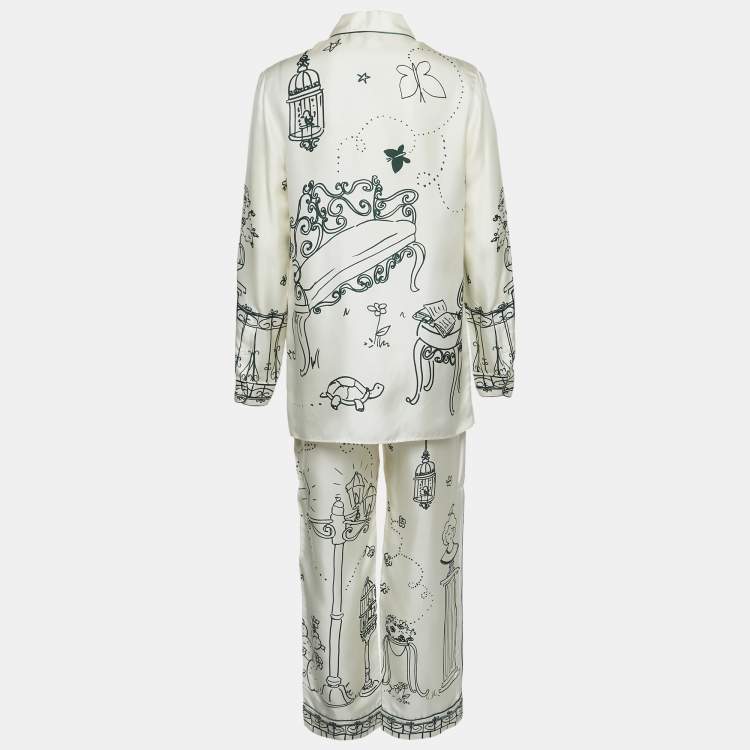 Pre Owned Dolce & Gabbana Off-White Cage Bird Print Silk Pajama Top and Pants Set S