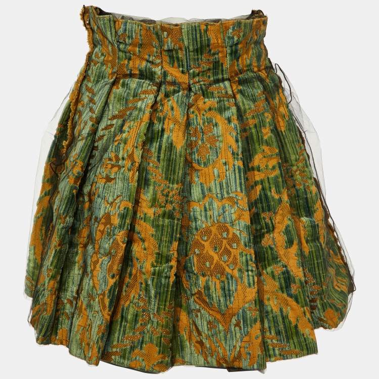 Pre Owned Dolce & Gabbana Green Tulle Jacquard Pleated Mini Skirt S