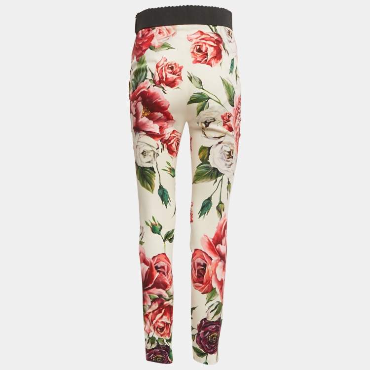 Pre Owned Dolce & Gabbana White Floral Print Silk Trousers M
