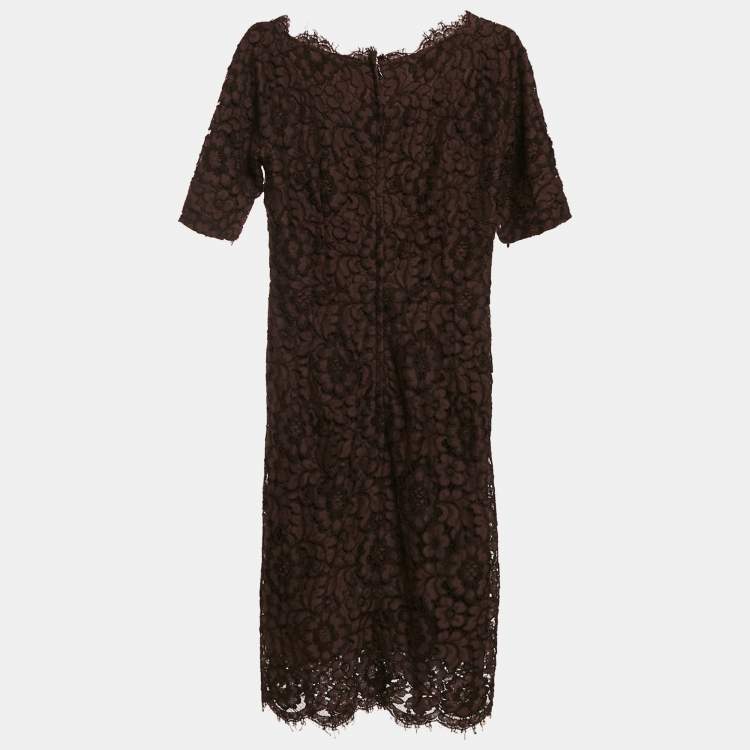 Pre Owned Dolce & Gabbana Brown Corded Lace Long Sleeve Midi Dress M