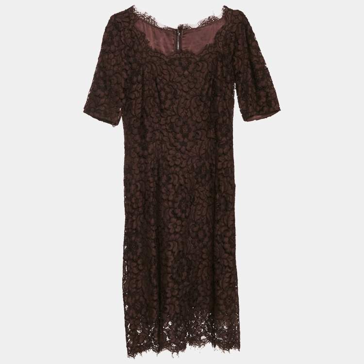 Pre Owned Dolce & Gabbana Brown Corded Lace Long Sleeve Midi Dress M