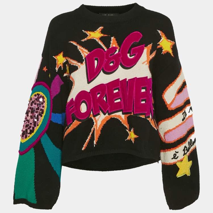 Pre Owned Dolce & Gabbana Black Intarsia Knit Applique Detail Sweater S