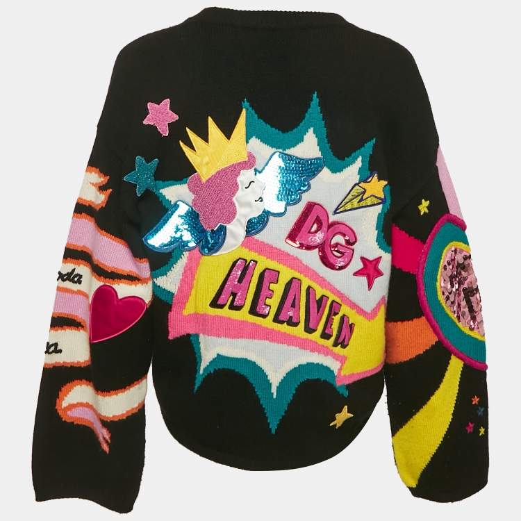 Pre Owned Dolce & Gabbana Black Intarsia Knit Applique Detail Sweater S