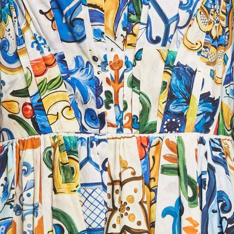 Pre Owned Dolce & Gabbana Blue/Yellow Majolica Print Poplin Tiered Midi Dress L
