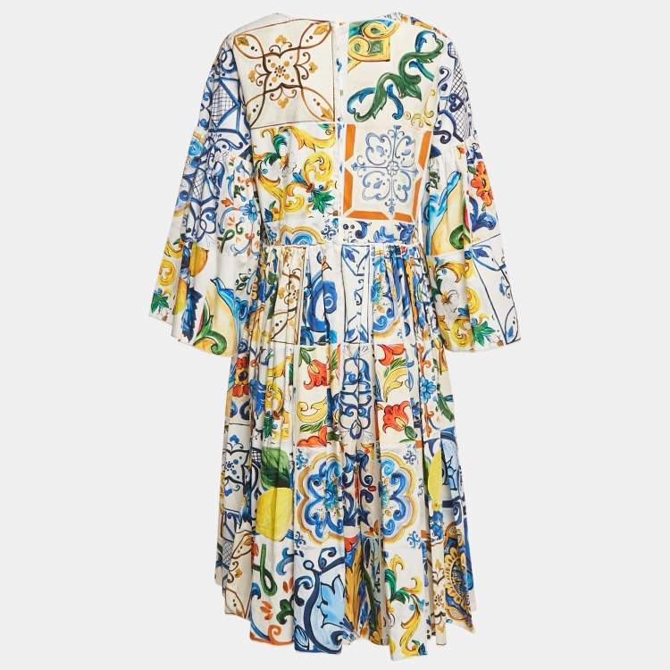 Pre Owned Dolce & Gabbana Blue/Yellow Majolica Print Poplin Tiered Midi Dress L