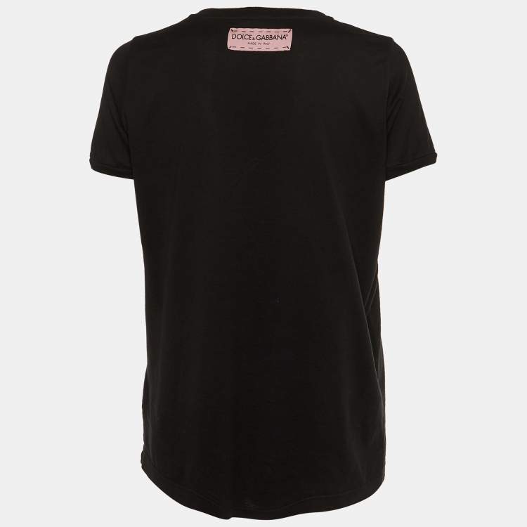 Pre Owned Dolce & Gabbana Black Printed Cotton Logo Patch Detail T-Shirt S