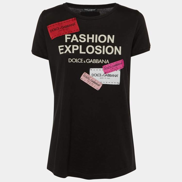 Pre Owned Dolce & Gabbana Black Printed Cotton Logo Patch Detail T-Shirt S