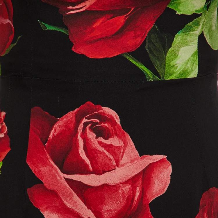 Pre Owned Dolce & Gabbana Black Rose Print Silk Sheath Dress M