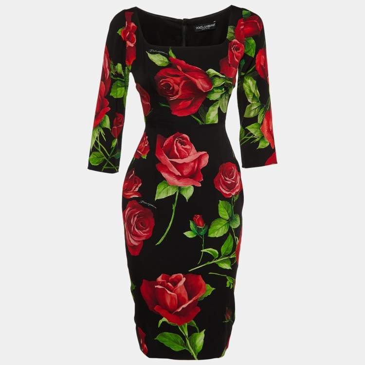 Pre Owned Dolce & Gabbana Black Rose Print Silk Sheath Dress M