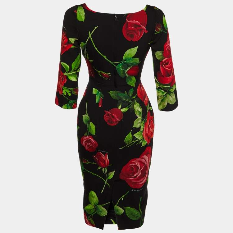 Pre Owned Dolce & Gabbana Black Rose Print Silk Sheath Dress M