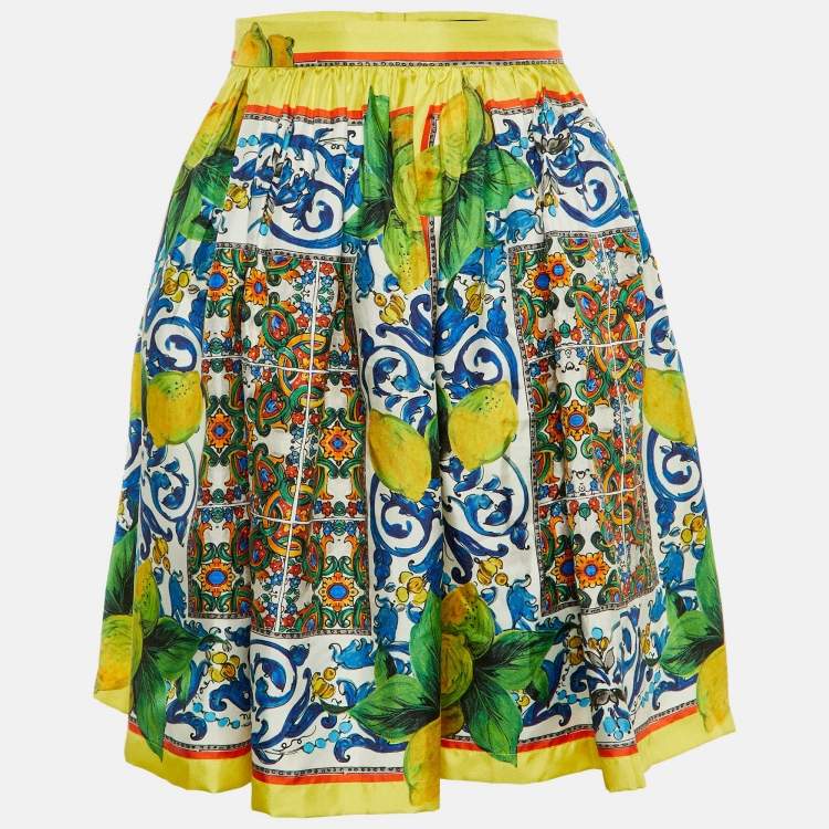 Pre Owned Dolce & Gabbana Yellow Sicilian Lemon Print Silk Flared Skirt S