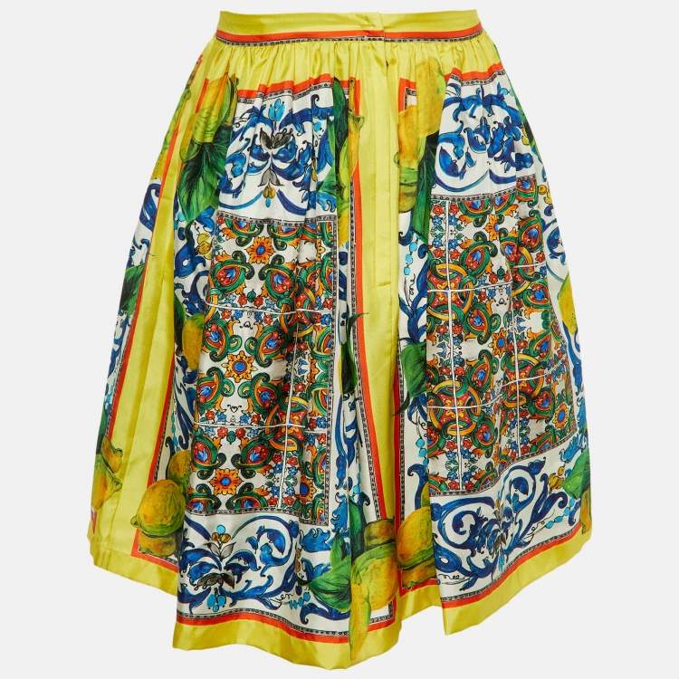 Pre Owned Dolce & Gabbana Yellow Sicilian Lemon Print Silk Flared Skirt S