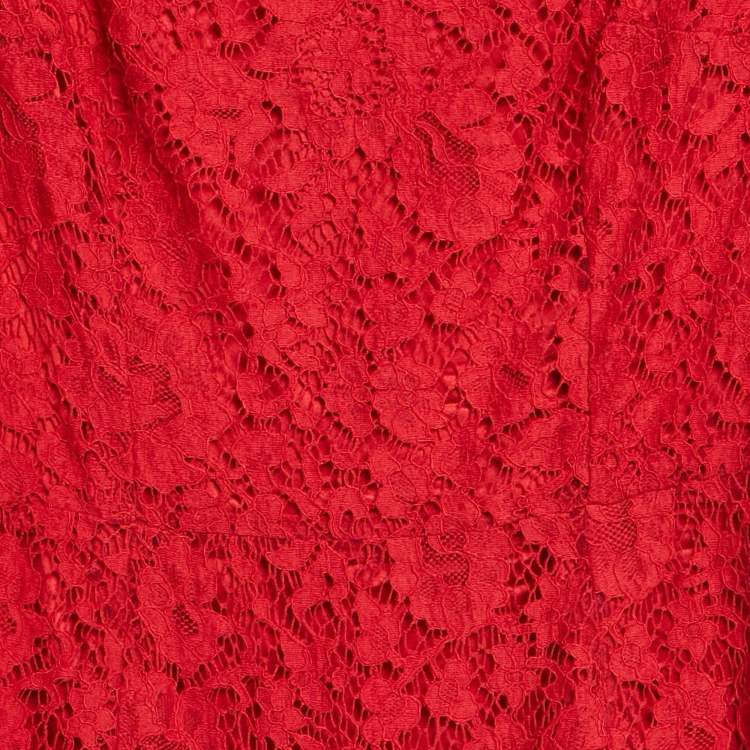 Pre Owned Dolce & Gabbana Red Lace Short Sleeve Midi Dress M