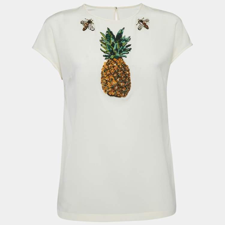 Pre Owned Dolce & Gabbana Off-White Embellished Silk Top S