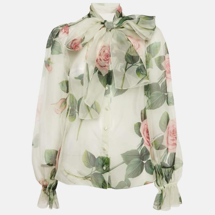 Pre Owned Dolce & Gabbana Multicolor Rose Print Sheer Silk Button Front Blouse XS
