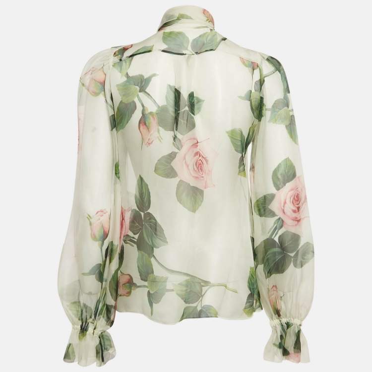 Pre Owned Dolce & Gabbana Multicolor Rose Print Sheer Silk Button Front Blouse XS
