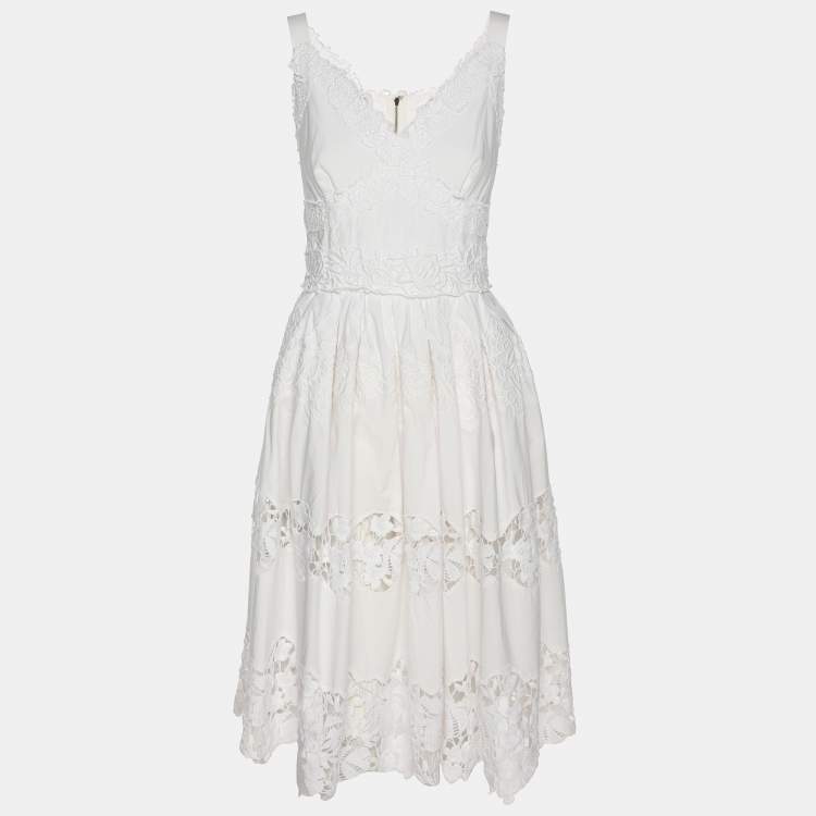 Pre Owned Dolce & Gabbana White Floral Embroidered Midi Dress M