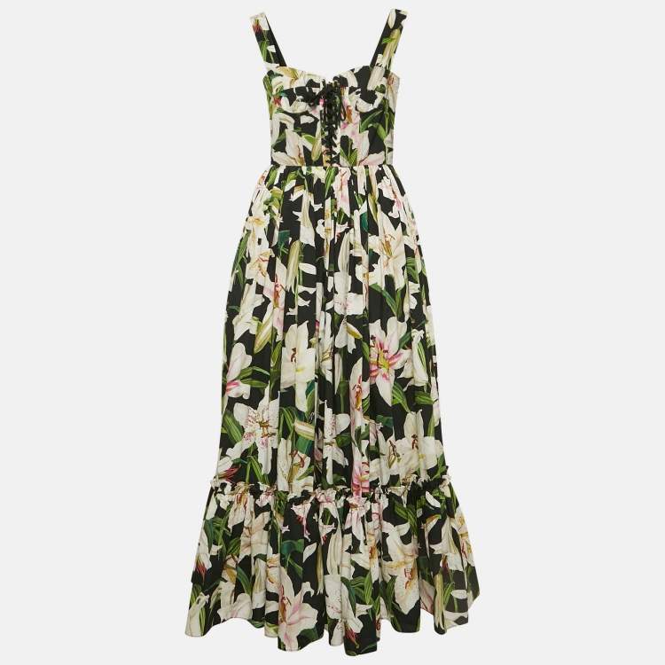 Pre Owned Dolce & Gabbana Black Floral Print Poplin Lace-Up Corset Midi Dress XS