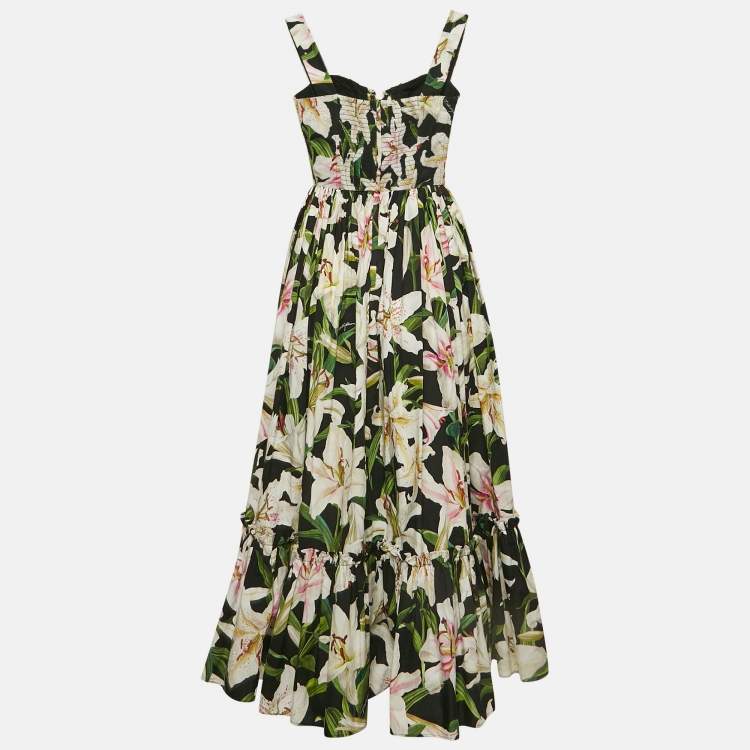 Pre Owned Dolce & Gabbana Black Floral Print Poplin Lace-Up Corset Midi Dress XS