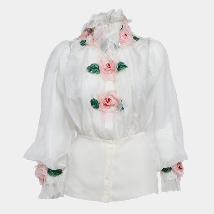 Pre Owned Dolce & Gabbana White Floral Applique Organza Silk Sheer Blouse XS