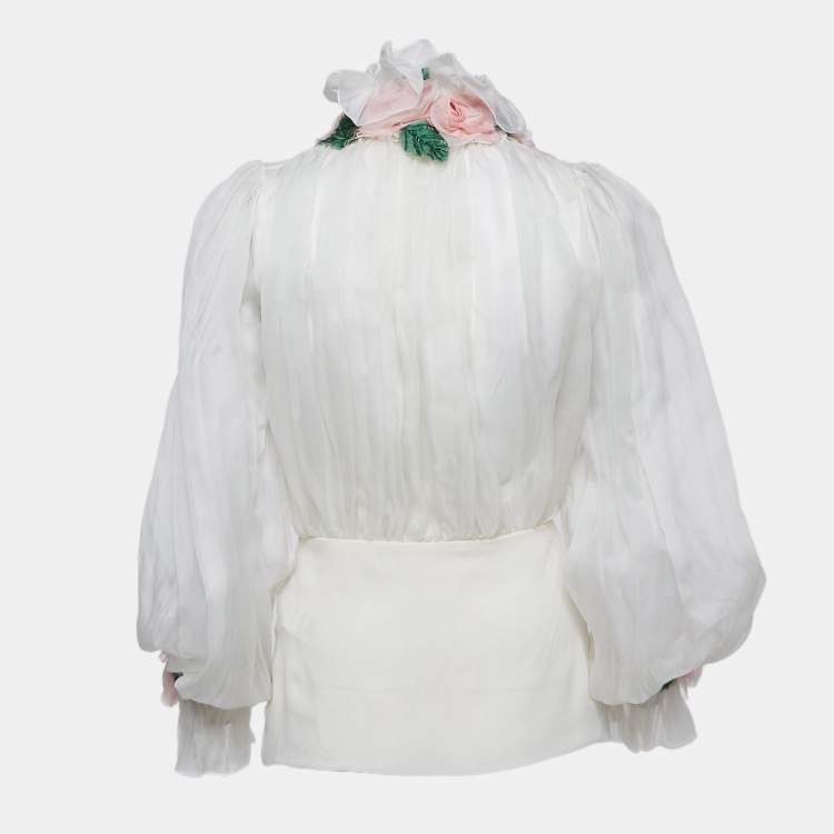 Pre Owned Dolce & Gabbana White Floral Applique Organza Silk Sheer Blouse XS