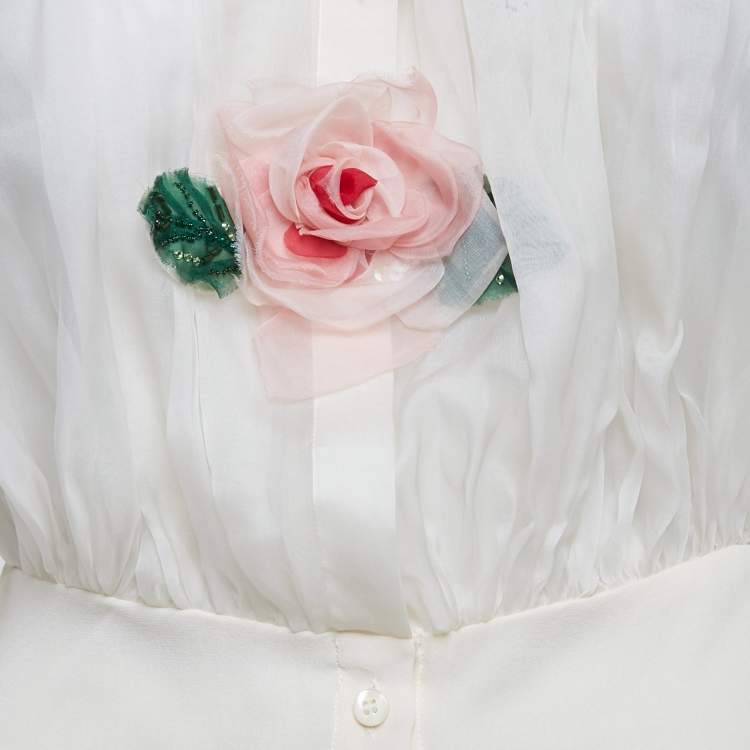 Pre Owned Dolce & Gabbana White Floral Applique Organza Silk Sheer Blouse XS