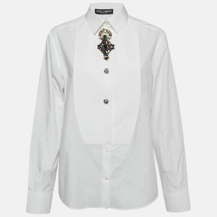Pre Owned Dolce & Gabbana White Cotton Sequin Detail  Full Sleeve Shirt M