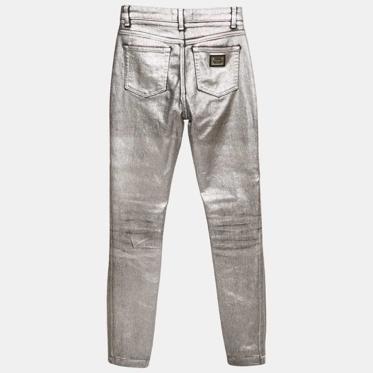 Pre Owned Dolce & Gabbana Silver Coated Skinny Jeans S Waist 26"
