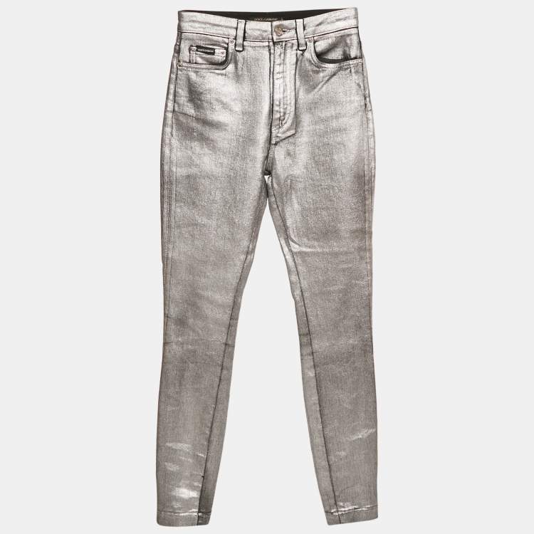 Pre Owned Dolce & Gabbana Silver Coated Skinny Jeans S Waist 26"