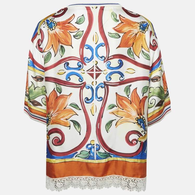 Pre Owned Dolce & Gabbana Multicolor Majolica Print Silk Lace Trim Top L