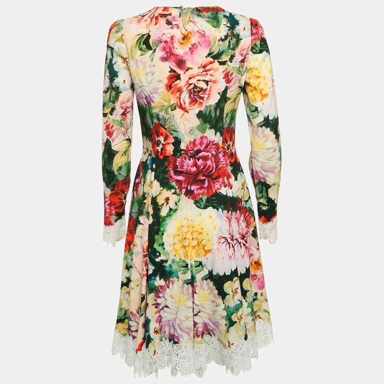 Pre Owned Dolce & Gabbana Pink Floral Print Crepe Lace Trim Short Dress M