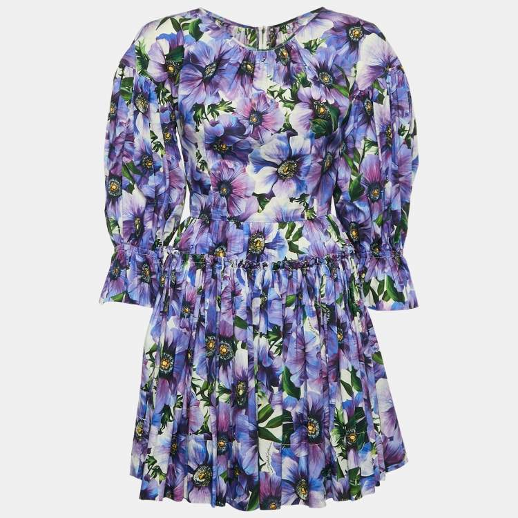 Pre Owned Dolce & Gabbana Purple Poppy Print Poplin Tiered Mini Dress M