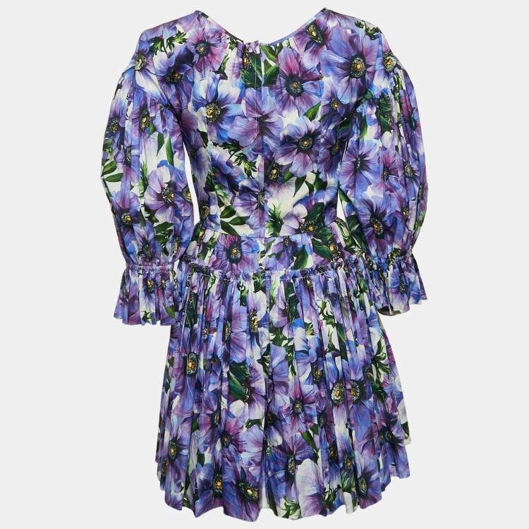 Pre Owned Dolce & Gabbana Purple Poppy Print Poplin Tiered Mini Dress M