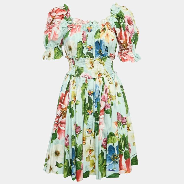Pre Owned Dolce & Gabbana Blue Floral Print Poplin Shirring Tiered Mini Dress M