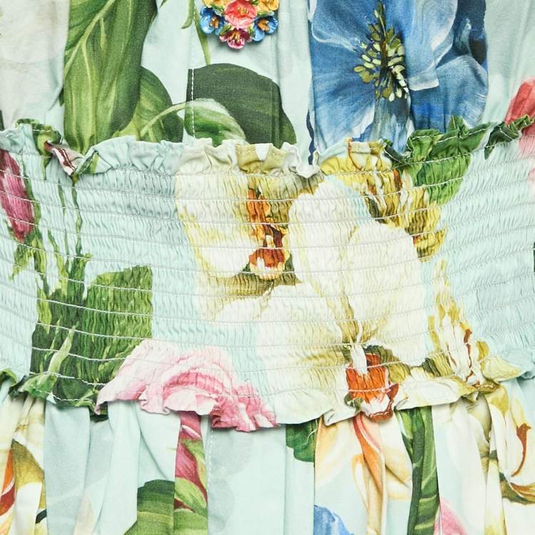 Pre Owned Dolce & Gabbana Blue Floral Print Poplin Shirring Tiered Mini Dress M