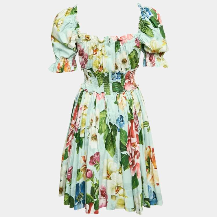Pre Owned Dolce & Gabbana Blue Floral Print Poplin Shirring Tiered Mini Dress M