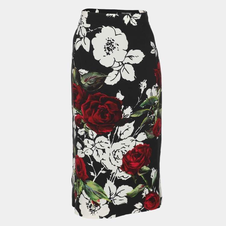 Pre Owned Dolce & Gabbana Black Floral Print Crepe A-Line Skirt M