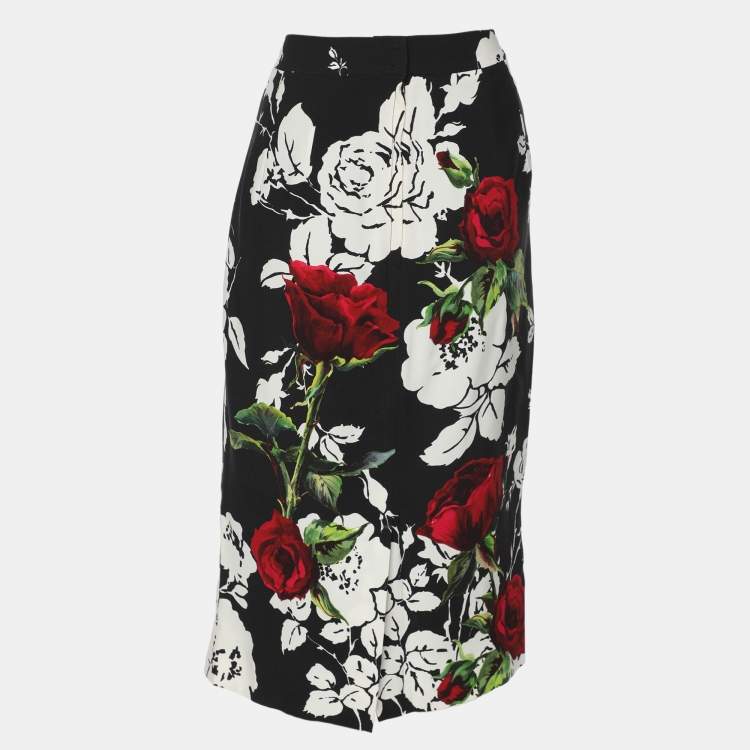 Pre Owned Dolce & Gabbana Black Floral Print Crepe A-Line Skirt M