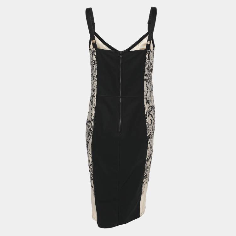 Pre Owned Dolce & Gabbana Beige/Black Printed Crepe Midi Dress M