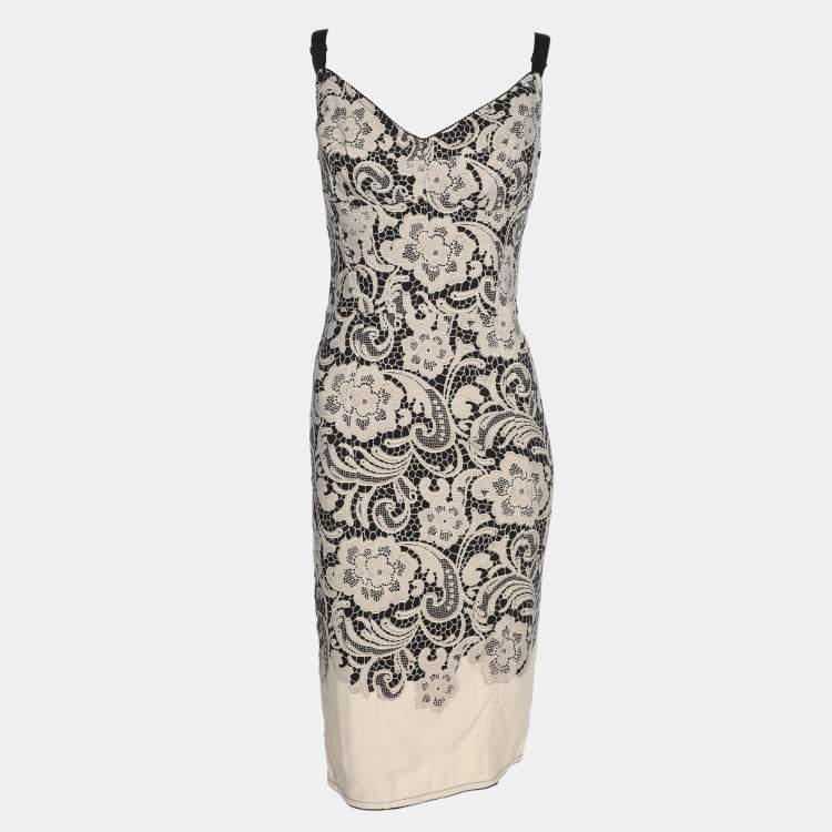 Pre Owned Dolce & Gabbana Beige/Black Printed Crepe Midi Dress M