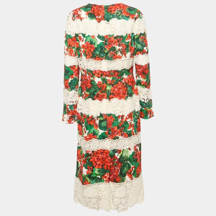 Pre Owned Dolce & Gabbana Multicolor Floral Print Crepe Lace Panel Detail Midi Dress XL